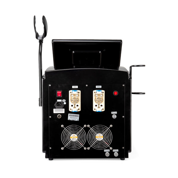 Black electrical power station with multiple outlets and connectors on a white background