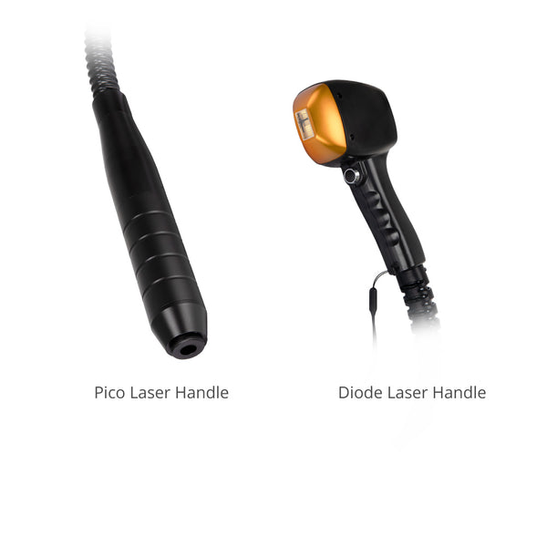 Two laser handles labeled 'Pico Laser Handle' and 'Diode Laser Handle' on a white background.