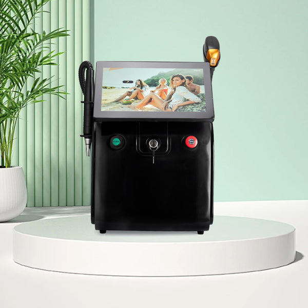 Black laser hair removal machine on a white platform with a light green background