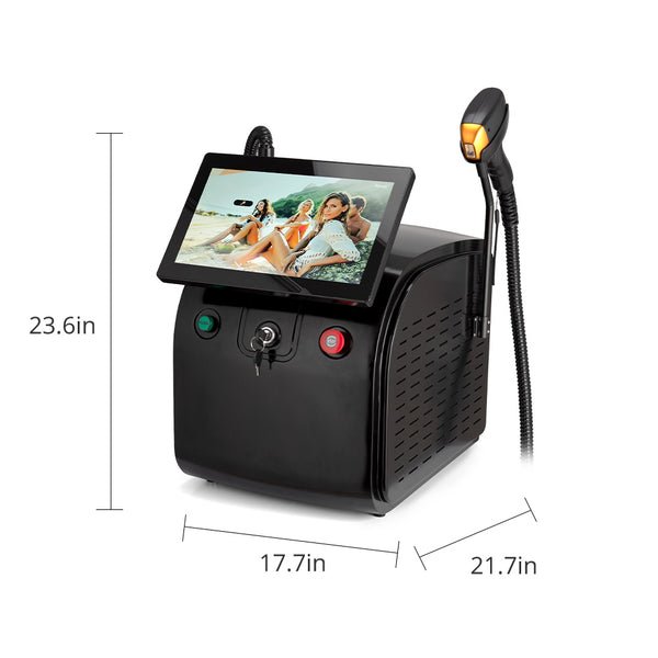 Black laser hair removal machine with a screen displaying people, dimensions indicated, on a white background.