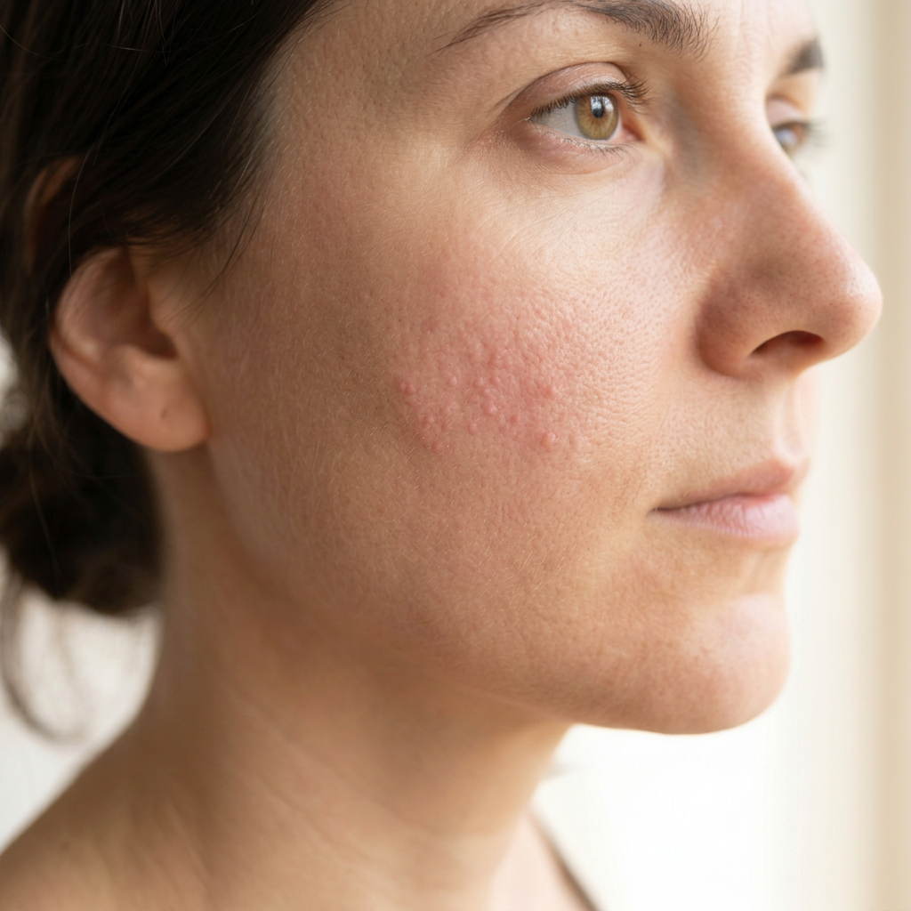Close-up illustration of small, uniform pink papules on the cheek