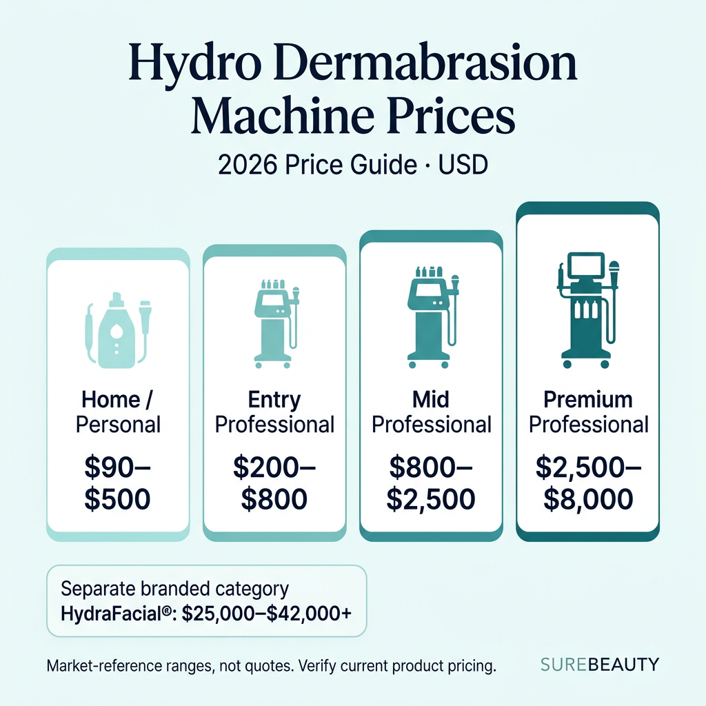 model detail, see the 2026 buyer's guide to hydro dermabraBar chart of hydro dermabrasion machine price tiers from entry to pro.