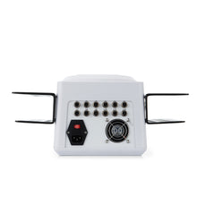 White electronic device with multiple ports and a fan on a white background