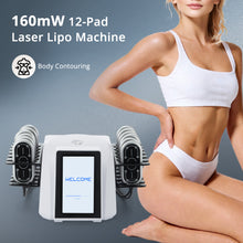 160mW 12-Pad Laser Lipo Machine with a woman showcasing her toned physique on a gray background.