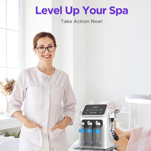 Woman in a white coat standing next to a skincare machine with text 'Level Up Your Spa' on a blurred indoor background.