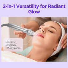 Woman receiving a facial treatment with a device labeled '2-in-1 Versatility for Radiant Glow'.