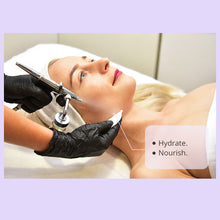 A woman receiving a facial treatment with oxygen sprayer.