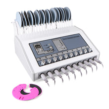 A professional electro stimulation machine for body slimming and breast tightening, with a digital display, multiple buttons, and attached electrode pads.