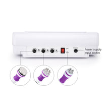 White electronic device with purple attachments on a white background