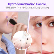Hydrodermabrasion handle being used on a person's face with text indicating its use for deep cleansing.