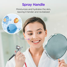 Woman holding a mirror and a spray gun with text about moisturizing and hydrating skin.