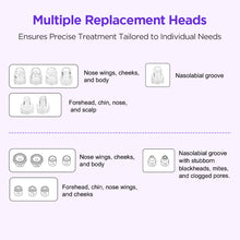 An informational graphic titled 'Multiple Replacement Heads' on a pale lavender background, showing several small transparent hair removal nozzle heads with labels for different treatment areas such as nose wings, cheeks, body, nasolabial groove, forehead, chin, nose, and scalp.