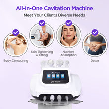 30K S Shape Cavitation Machine shown on a light lavender background with marketing text and four circular usage examples for body contouring, skin tightening and lifting, nutrient absorption, and detox. The device is white with a black control panel and four attached tubes.