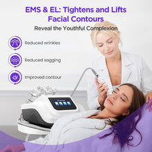 Facial contouring treatment scene showing a woman receiving EMS & EL treatment while another woman in a white lab coat operates the 30K S Shape Cavitation Machine. The treatment machine is white and black with a digital screen, set against a clean light background with promotional text and icons.