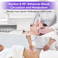 A split-screen promotional image showing a 30K S Shape Cavitation Machine being used on a woman's face and abdomen. The top text reads 'Suction & RF: Enhances Blood Circulation and Metabolism' and 'Elevate Your Clients' Wellness to a New Level.