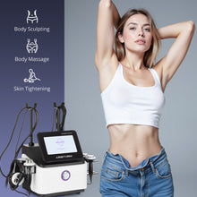 Woman posing with a beauty device labeled for body sculpting, massage, and skin tightening.