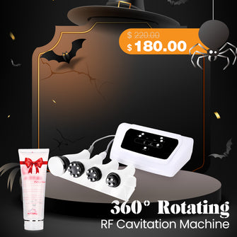 360° Rotating RF Cavitation Machine with a price tag on a Halloween-themed background