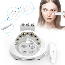Facial rejuvenation device with attachments and a woman using it on her face.