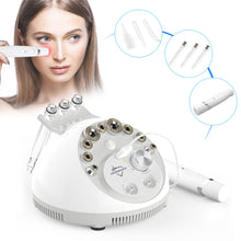 Beauty device with attachments and a woman using it on her face.