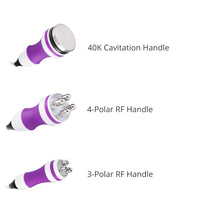 Three purple and white handles labeled '40K Cavitation Handle', '4-Polar RF Handle', and '3-Polar RF Handle' on a white background.