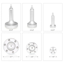 Measurement chart of various sizes and shapes of metallic components on a white background