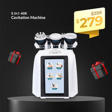 5 In 1 40K Cavitation Machine with digital display on a black background, promotional pricing displayed.