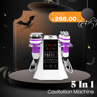 5-in-1 cavitation machine with purple nozzles on a dark background with Halloween decorations.