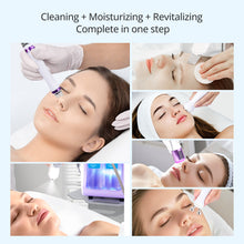 Woman receiving a facial treatment with text 'Cleaning + Moisturizing + Revitalizing Complete in one step'.