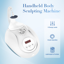 Handheld body sculpting machine with digital display on a light blue background