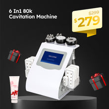6 In1 80k Cavitation Machine with price tag and gift icons on a dark background