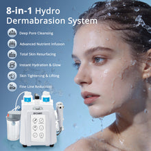 8-in-1 Hydro Dermabrasion System with a woman's face and product on a blue background