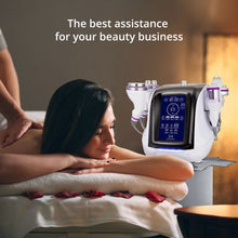 Woman receiving a beauty treatment with a machine labeled 'The best assistance for your beauty business'.