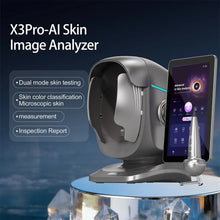 X3Pro-AI Skin Image Analyzer device with a tablet display and probe, shown on a pedestal with feature callouts on a dark blue background.