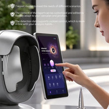 A close-up of a woman interacting with AI Skin Analyzer in a clean indoor setting. The tablet screen shows an AI analysis interface, and three feature callouts appear at the top left.