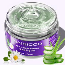 A jar of N AISIGOO Aloe Vera & Azulene Soothing Gel with a clear gel visible inside. Accompanied by images of aloe vera leaves and chamomile flowers.