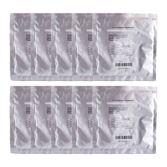 Multiple white medical packaging bags with labels on a white background