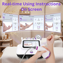 Aristorm 30k S Shape Machine is shown on a treatment table, with a person holding the wand. Large text at the top reads 'Real-time Using Instructions On Screen,' and three floating screen previews show arm massage and treatment interfaces.