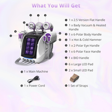 Facial rejuvenation device with components listed on a light purple background