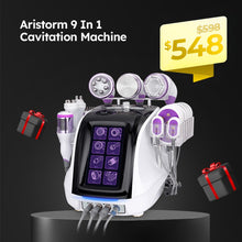Aristorm 9 In 1 Cavitation Machine with price tag and gift icons on a dark background