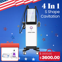 Aristorm S Shape Cavitation machine with a discount offer on a blue background with stars and an American flag.