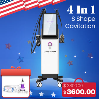 Aristorm S Shape Cavitation machine with a discount offer on a blue background with stars and an American flag.