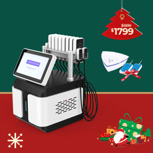 Medical device with digital display on a green and red background with Christmas-themed elements.