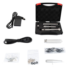 Collection of electronic components and tools including a power adapter, cables, and a case on a white background.