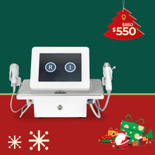 Medical device with two attachments on a red and green background with Christmas-themed elements.