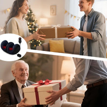 Two scenes of people receiving gifts with a close-up of earbuds on a white background.