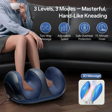 Person using a foot massage device with text highlighting features on a dark background