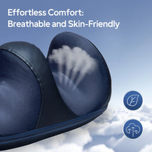 Navy blue cushion with breathable material on a cloud background, labeled 'Effortless Comfort: Breathable and Skin-Friendly'.
