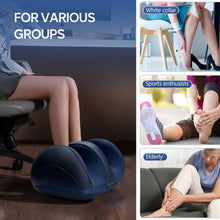 Foot massager being used by a person sitting on an office chair, with additional images of people using it for different groups.