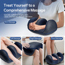 Massage device for arm, calf, thigh, and foot massage with text on a blue background.
