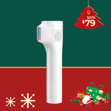 White electronic device with a digital display on a green and red background with Christmas-themed elements.